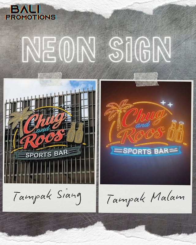 Papan nama neon flex tahan air bergaya tropis menyala terang dengan warna merah dan biru di dinding besi luar ruangan saat malam hari.